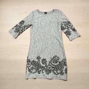 Tacera Gray Knit Sheath Dress with Black Scroll Detail